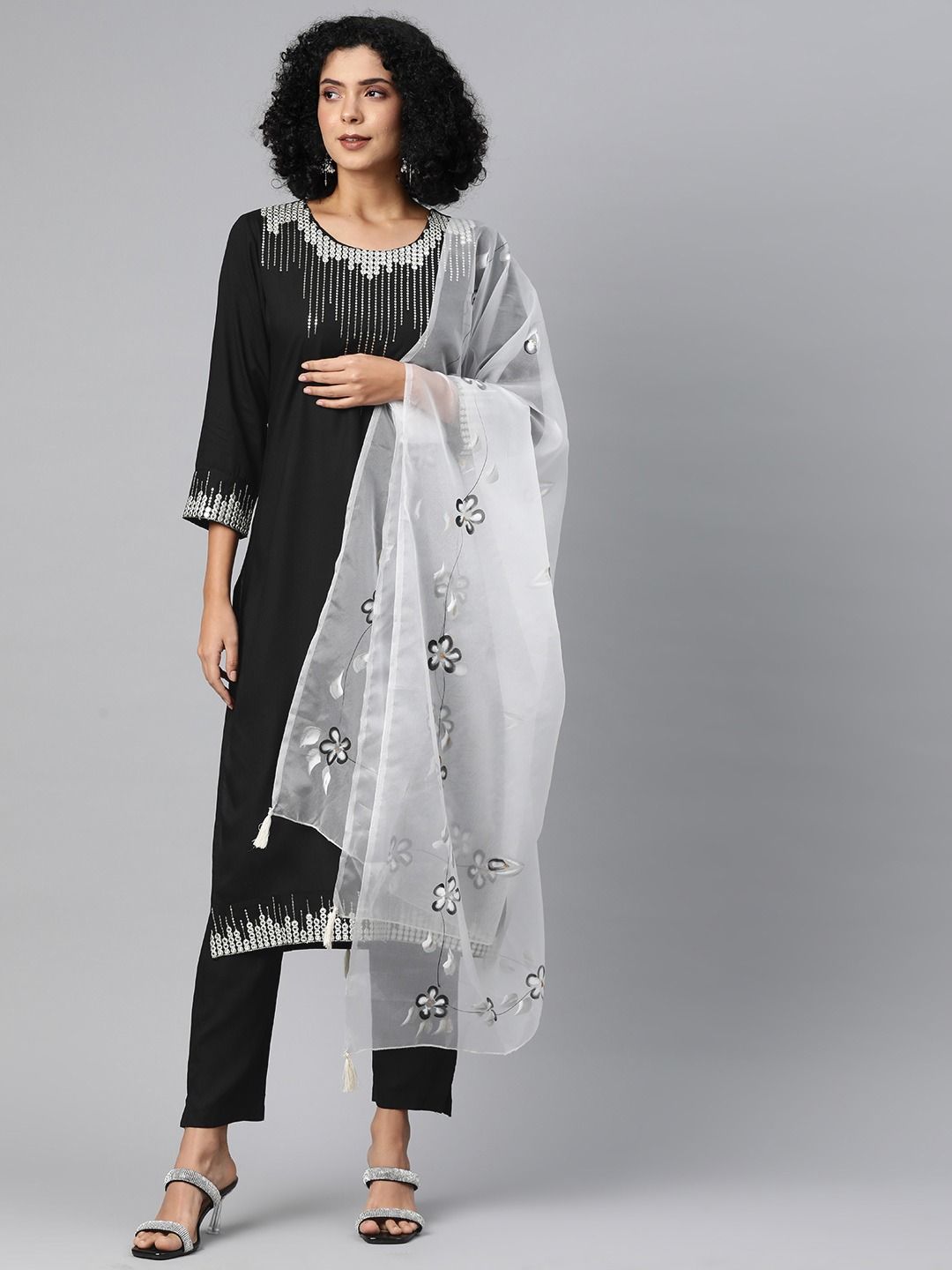 Straight Style Rayon Fabric Black & White Color Kurta With Bottom & Dupatta