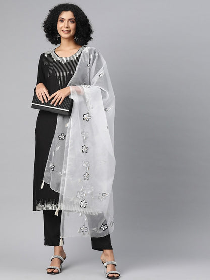 Straight Style Rayon Fabric Black & White Color Kurta With Bottom & Dupatta