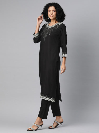 Straight Style Rayon Fabric Black & White Color Kurta With Bottom & Dupatta
