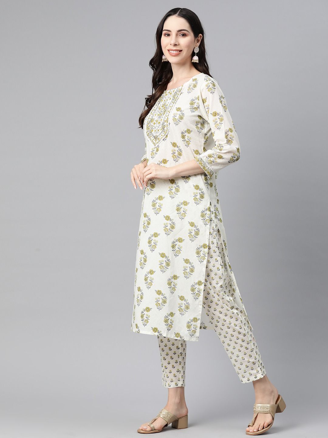 Straight Style Cotton Fabric Green & White Color Kurta With Bottom & Dupatta