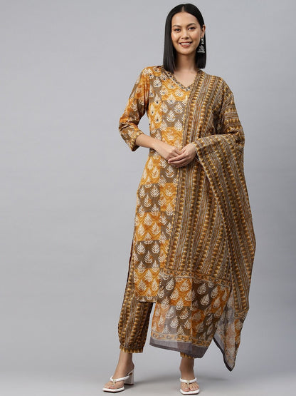 Straight Style Cotton Fabric Mustard Color Kurta With Bottom & Dupatta