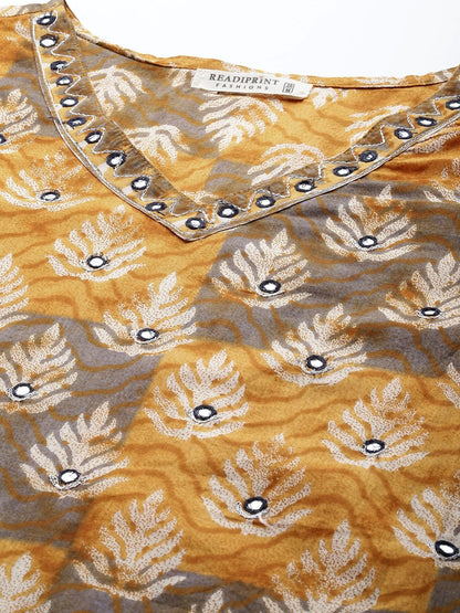 Straight Style Cotton Fabric Mustard Color Kurta With Bottom & Dupatta