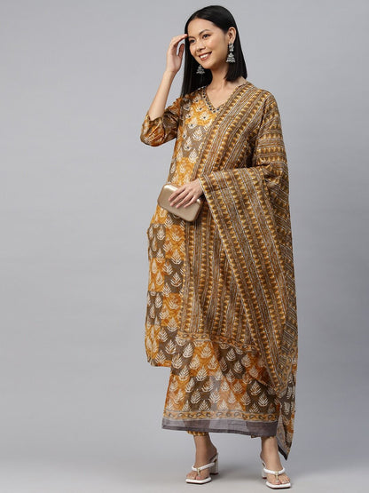 Straight Style Cotton Fabric Mustard Color Kurta With Bottom & Dupatta