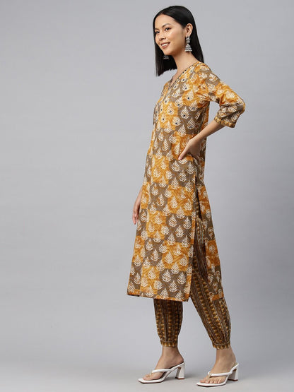 Straight Style Cotton Fabric Mustard Color Kurta With Bottom & Dupatta