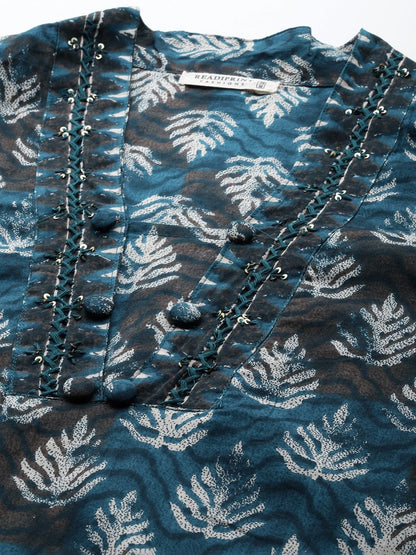 Straight Style Cotton Fabric Navy Blue Color Kurta With Bottom & Dupatta