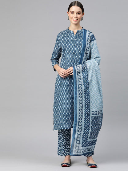 Straight Style Cotton Fabric Navy Blue Color Kurta With Bottom & Dupatta