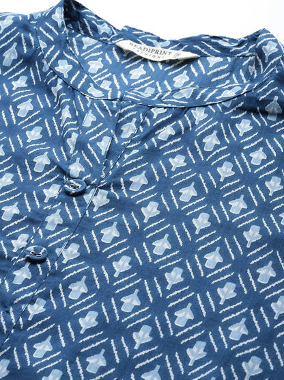 Straight Style Cotton Fabric Navy Blue Color Kurta With Bottom & Dupatta