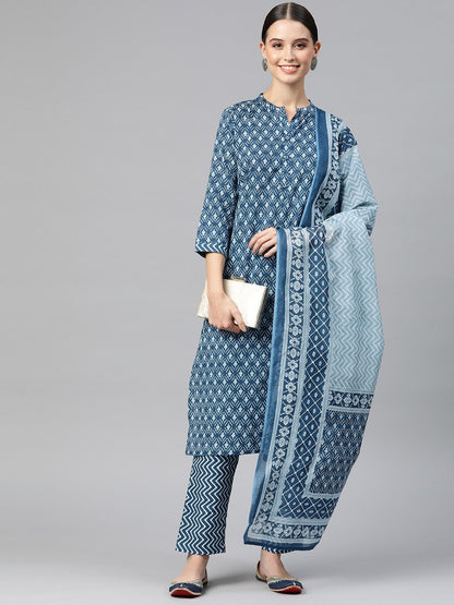 Straight Style Cotton Fabric Navy Blue Color Kurta With Bottom & Dupatta