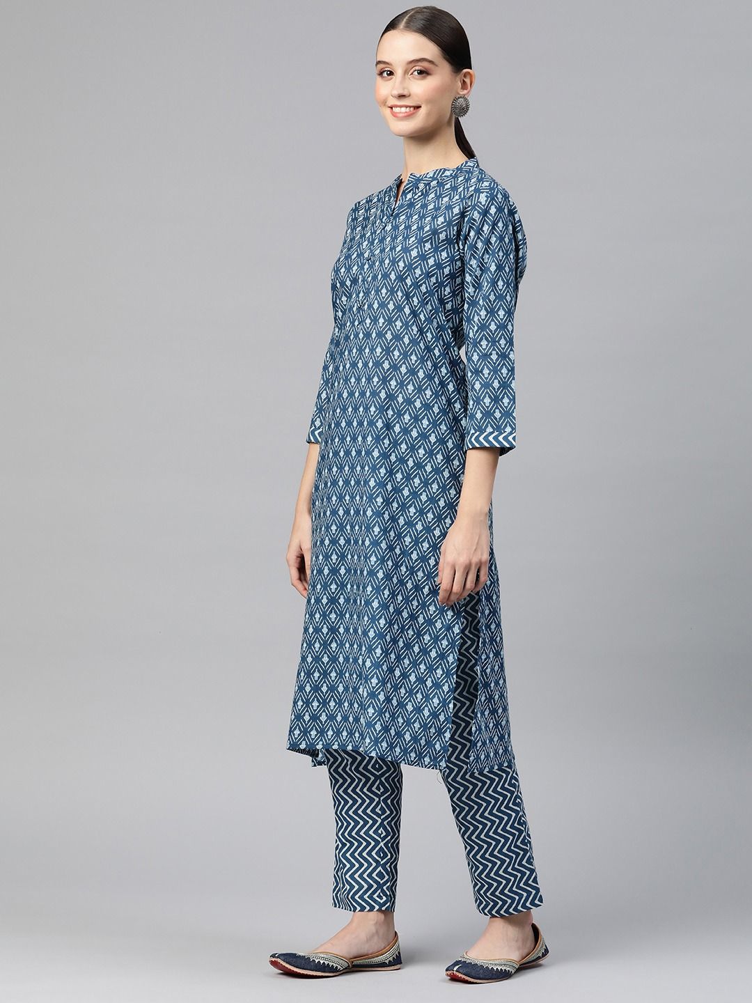 Straight Style Cotton Fabric Navy Blue Color Kurta With Bottom & Dupatta
