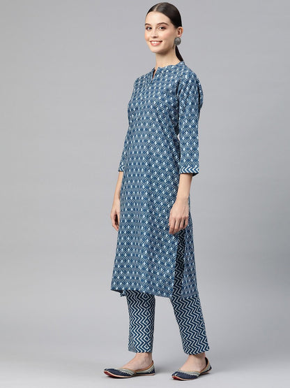 Straight Style Cotton Fabric Navy Blue Color Kurta With Bottom & Dupatta