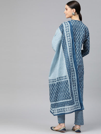 Straight Style Cotton Fabric Navy Blue Color Kurta With Bottom & Dupatta