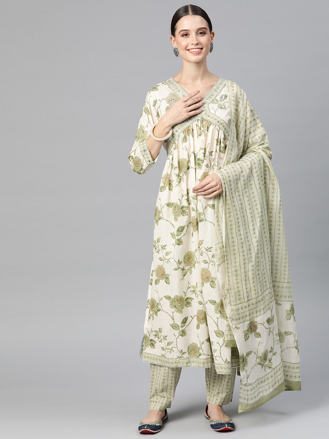 Flared Style Cotton Fabric Green & Cream Color Kurta With Bottom & Dupatta
