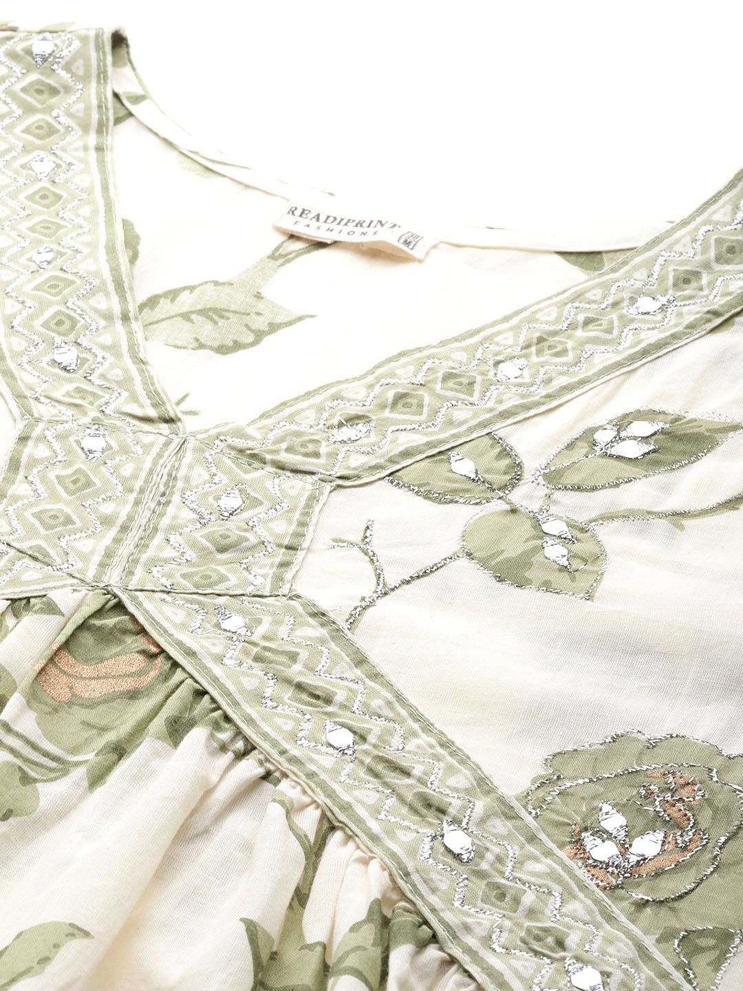 Flared Style Cotton Fabric Green & Cream Color Kurta With Bottom & Dupatta