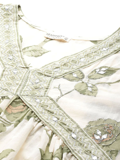 Flared Style Cotton Fabric Green & Cream Color Kurta With Bottom & Dupatta