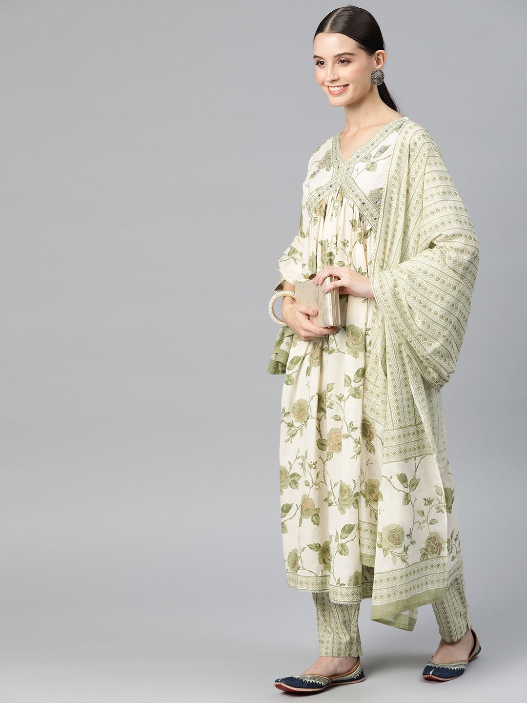 Flared Style Cotton Fabric Green & Cream Color Kurta With Bottom & Dupatta