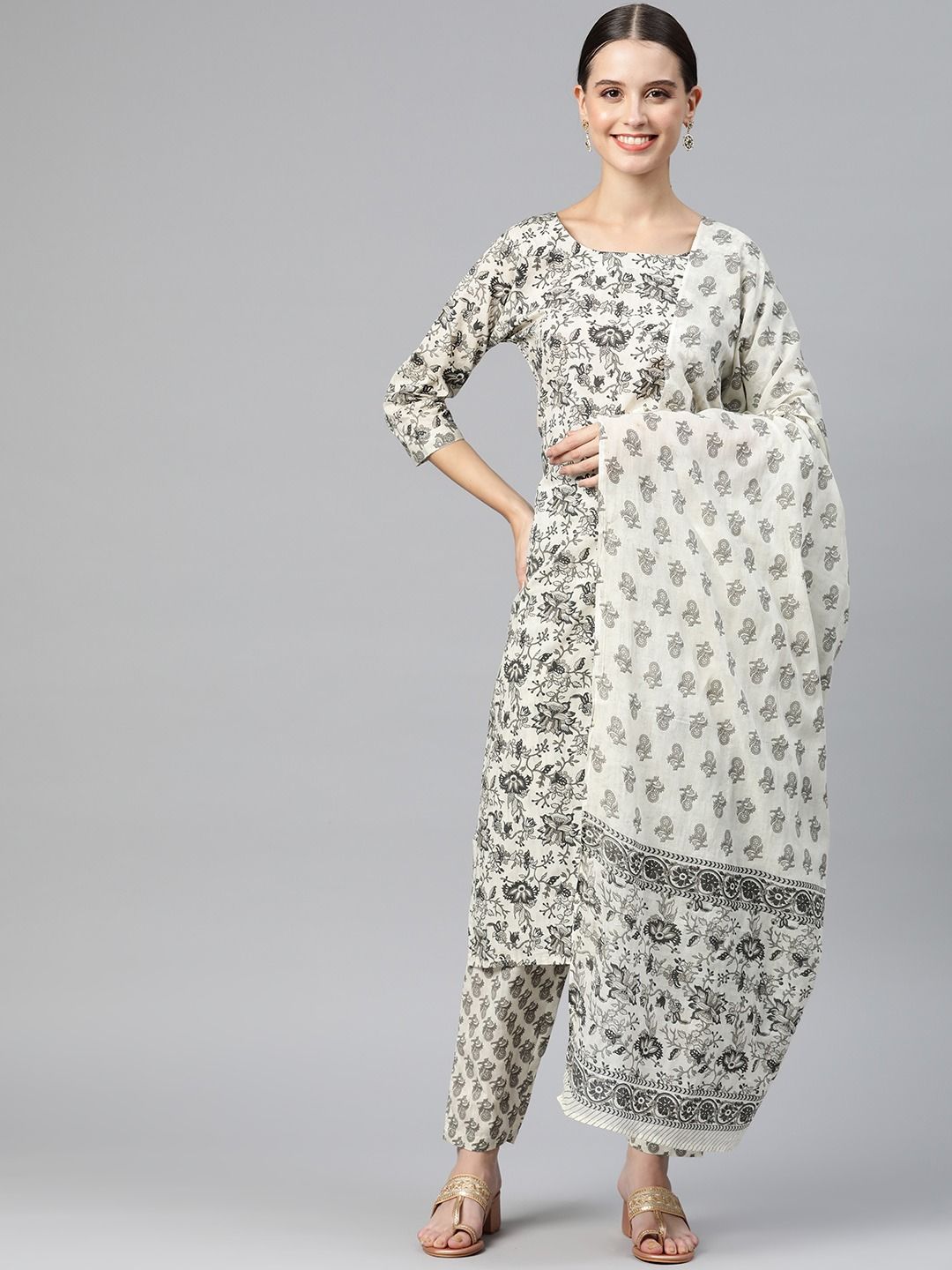 Straight Style Cotton Fabric Black Color Kurta With Bottom & Dupatta