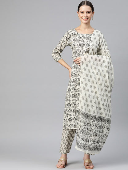Straight Style Cotton Fabric Black Color Kurta With Bottom & Dupatta