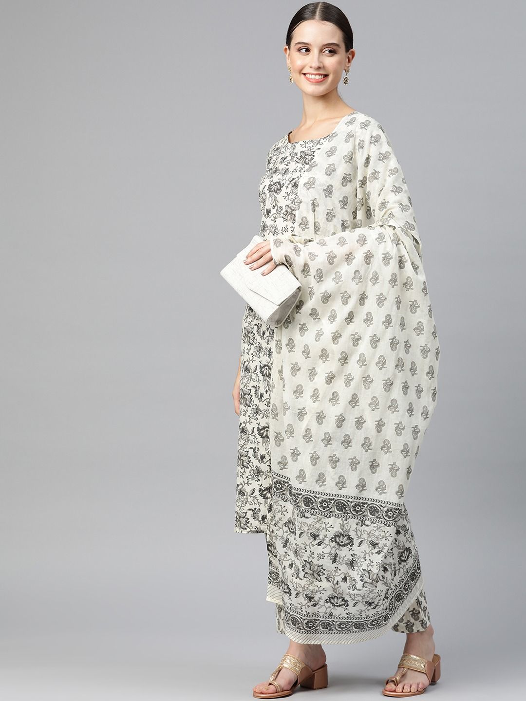 Straight Style Cotton Fabric Black Color Kurta With Bottom & Dupatta