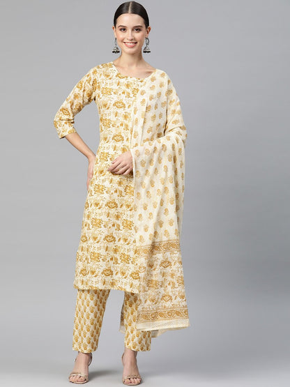 Straight Style Cotton Fabric Mustard Color Kurta With Bottom & Dupatta