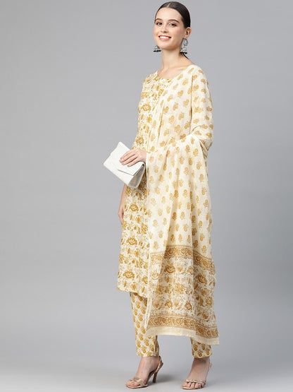 Straight Style Cotton Fabric Mustard Color Kurta With Bottom & Dupatta