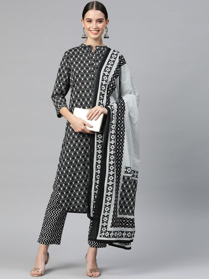 Straight Style Cotton Fabric Black Color Kurta With Bottom & Dupatta