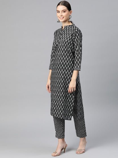 Straight Style Cotton Fabric Black Color Kurta With Bottom & Dupatta