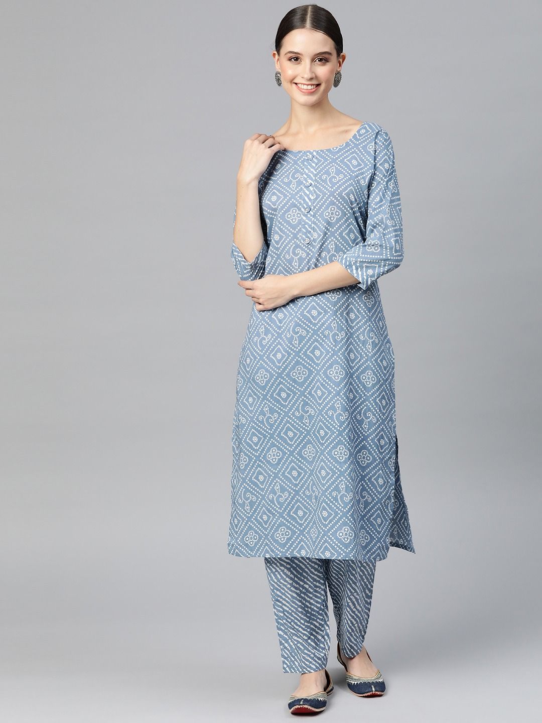 Straight Style Cotton Fabric Blue Color Kurta With Bottom