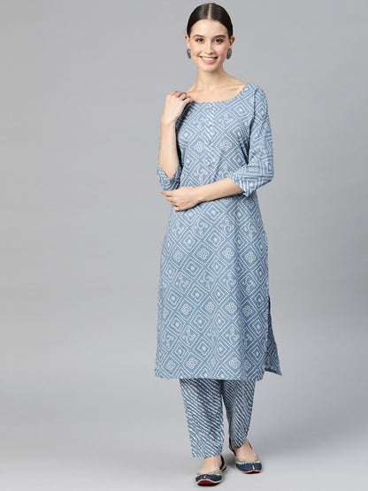 Straight Style Cotton Fabric Blue Color Kurta With Bottom