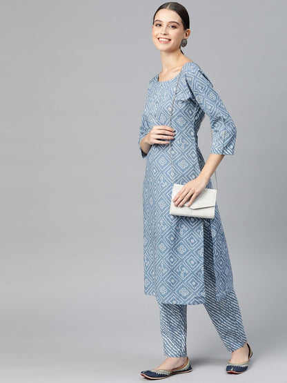Straight Style Cotton Fabric Blue Color Kurta With Bottom
