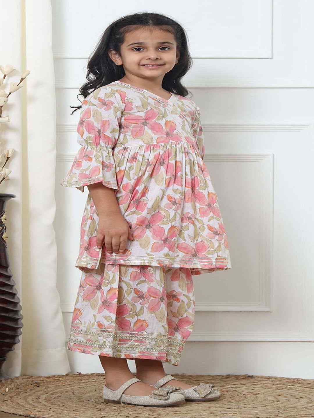 Frock Style Art Silk Fabric Pink Color Kurti And Sharara