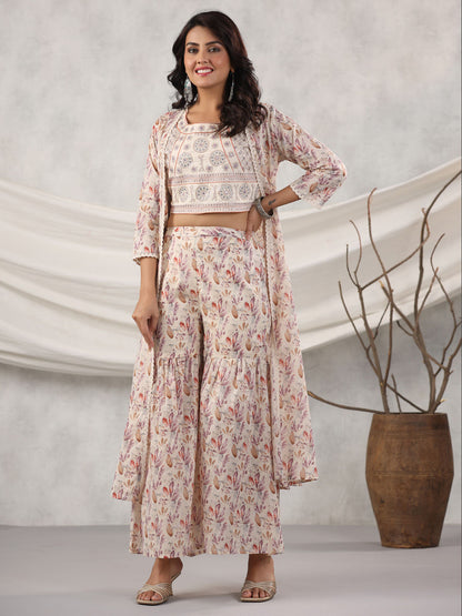 Straight Style Cotton Fabric Beige & Purple Color Top With Sharara & Long Jacket