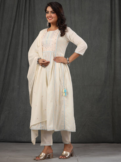 Anarkali Style Cotton Fabric White Color Kurta With Bottom & Dupatta