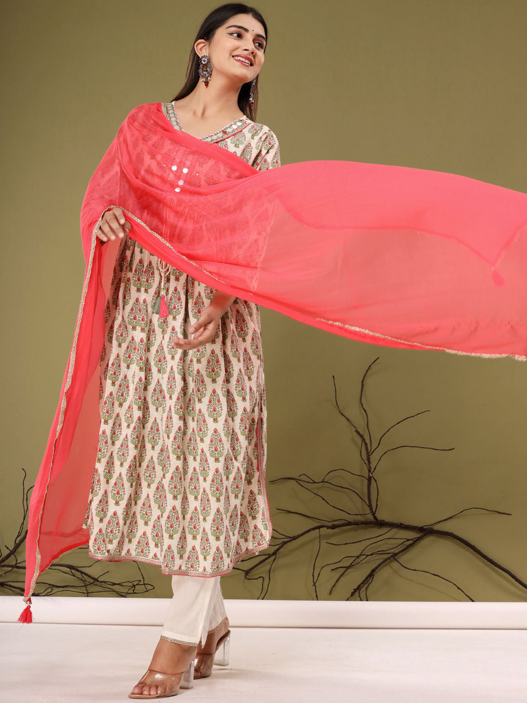 Flared Style Cotton Fabric Cream Color Kurta With Palazzo & Dupatta