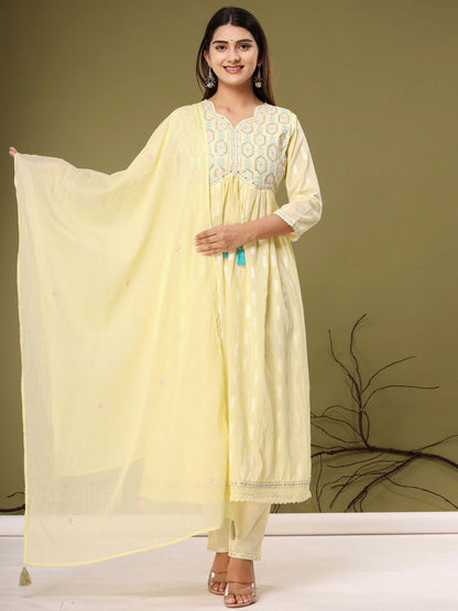 Anarkali Style Cotton Fabric Yellow Color Kurta With Palazzo & Dupatta