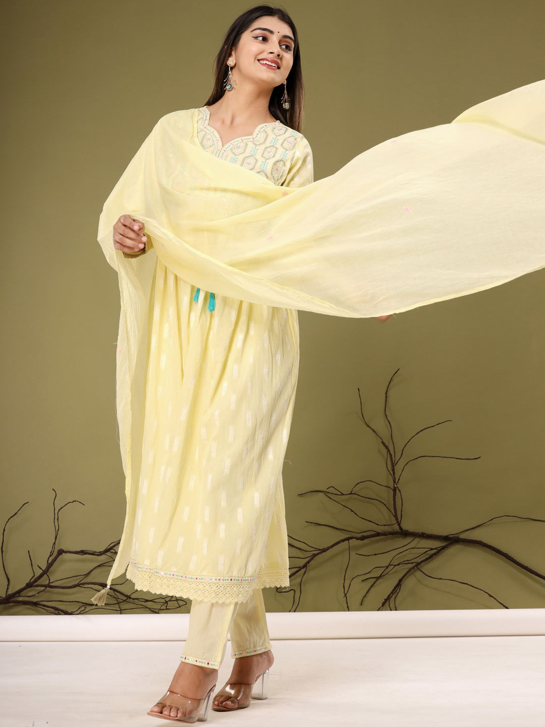 Anarkali Style Cotton Fabric Yellow Color Kurta With Palazzo & Dupatta