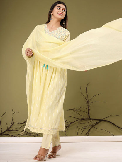 Anarkali Style Cotton Fabric Yellow Color Kurta With Palazzo & Dupatta