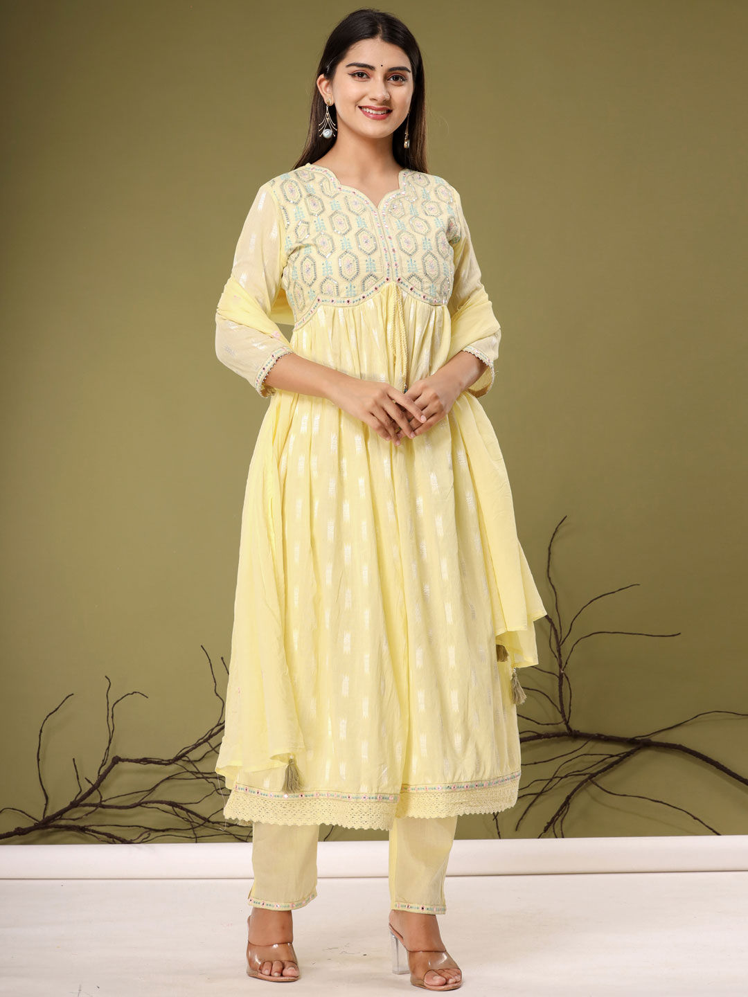 Anarkali Style Cotton Fabric Yellow Color Kurta With Palazzo & Dupatta