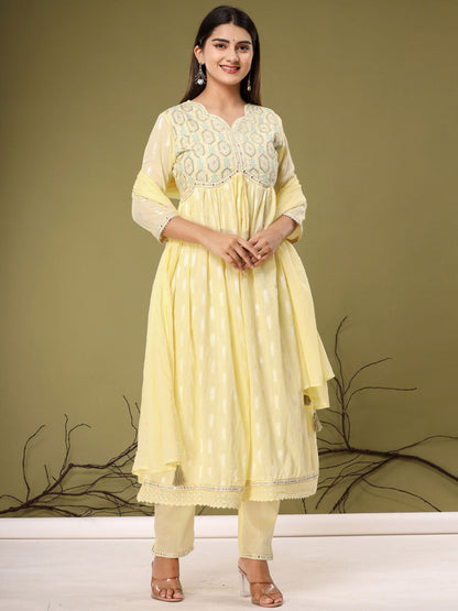 Anarkali Style Cotton Fabric Yellow Color Kurta With Palazzo & Dupatta