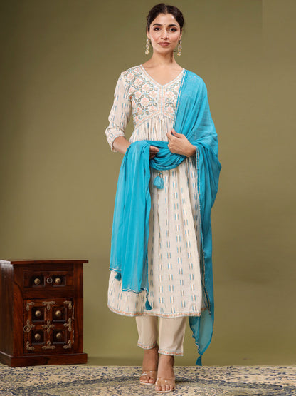 Anarkali Style Cotton Fabric White & Blue Color Kurta With Palazzo & Dupatta
