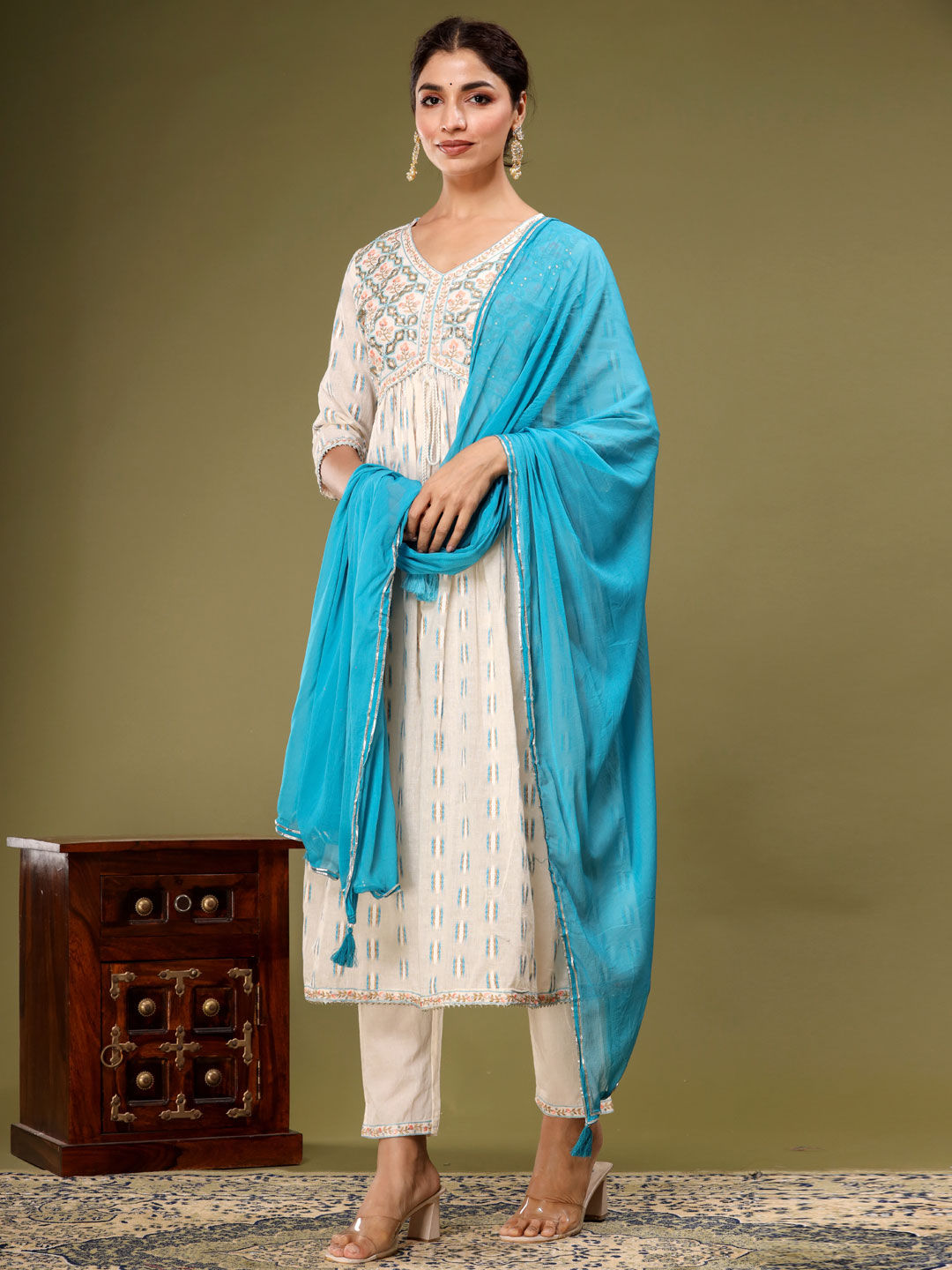 Anarkali Style Cotton Fabric White & Blue Color Kurta With Palazzo & Dupatta