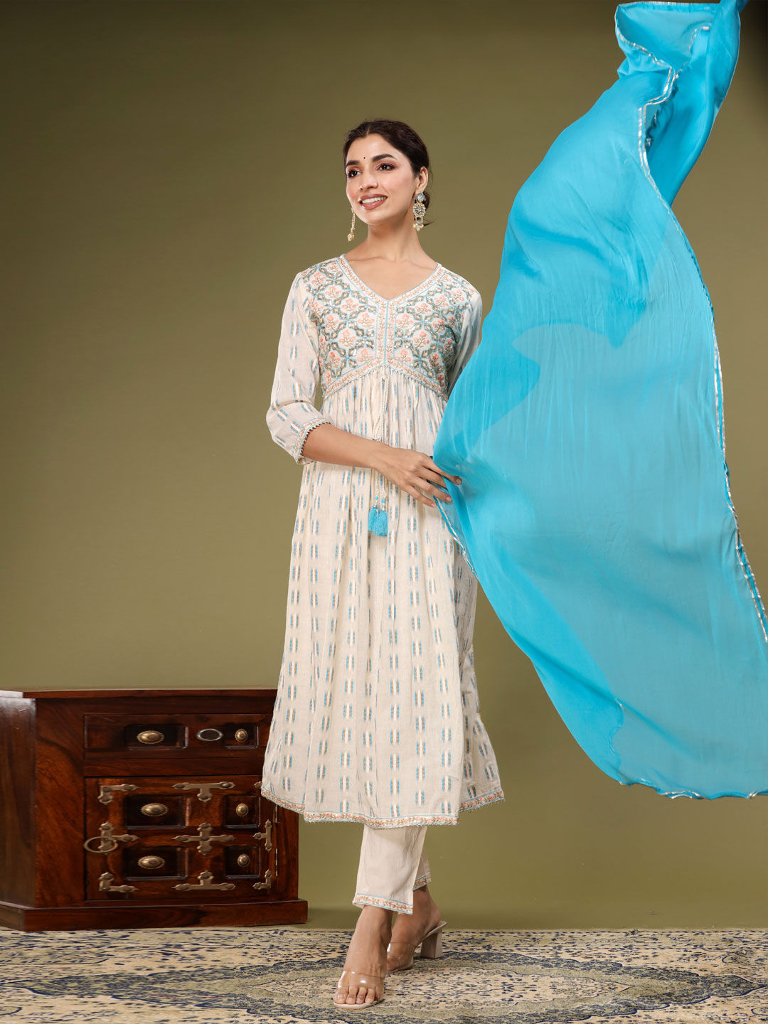 Anarkali Style Cotton Fabric White & Blue Color Kurta With Palazzo & Dupatta