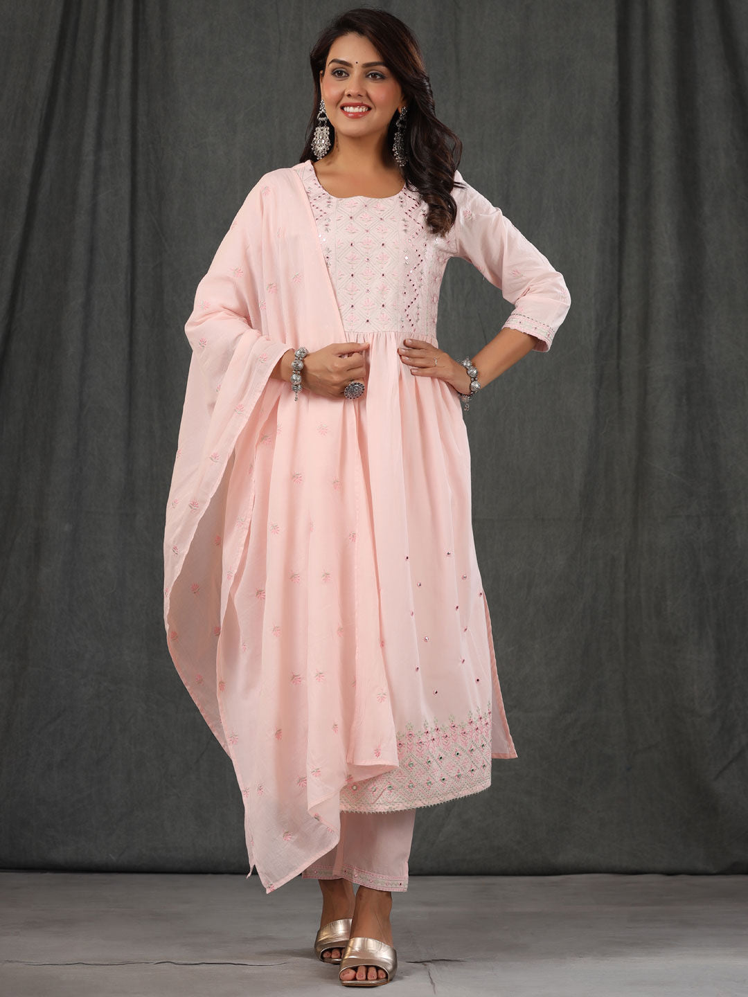 Flared Style Cotton Fabric Pink Color Kurta With Palazzo & Dupatta