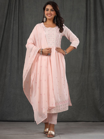 Flared Style Cotton Fabric Pink Color Kurta With Palazzo & Dupatta