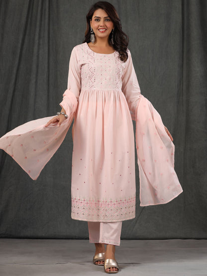 Flared Style Cotton Fabric Pink Color Kurta With Palazzo & Dupatta