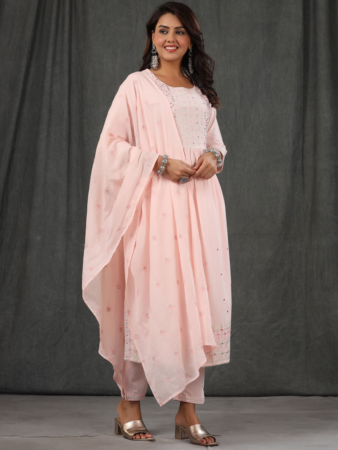 Flared Style Cotton Fabric Pink Color Kurta With Palazzo & Dupatta