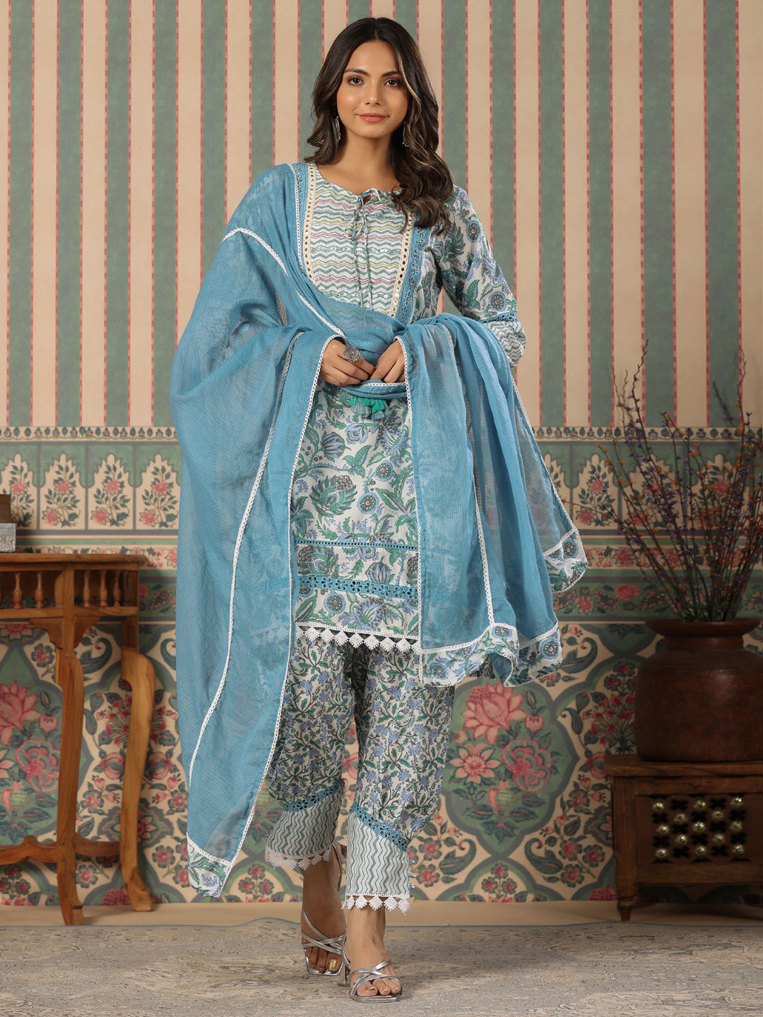 Straight Style Cotton Fabric Blue Color Kurta With Bottom & Dupatta