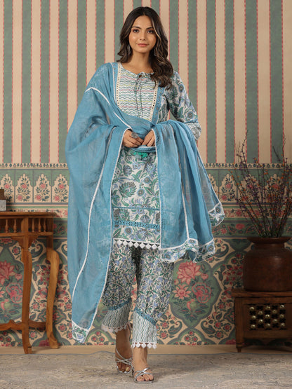 Straight Style Cotton Fabric Blue Color Kurta With Bottom & Dupatta