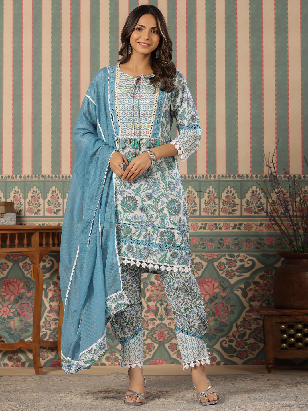 Straight Style Cotton Fabric Blue Color Kurta With Bottom & Dupatta