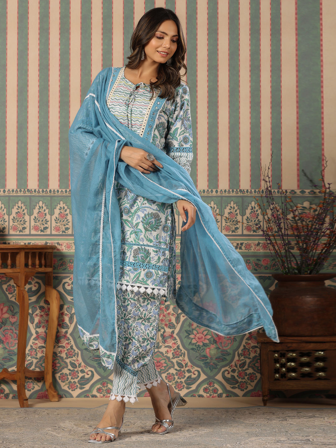 Straight Style Cotton Fabric Blue Color Kurta With Bottom & Dupatta