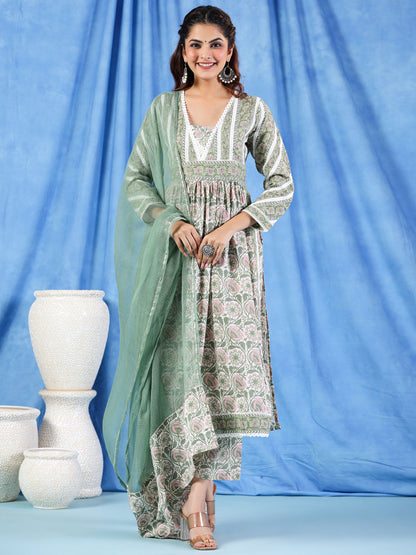 Anarkali Style Cotton Fabric Green Color Kurta And Palazzo With Dupatta